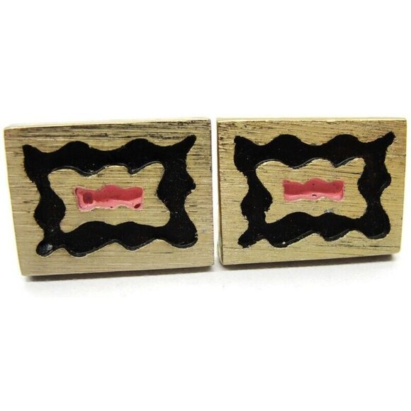 Rectangle Black & Pink Pat Pend Heavy Cufflinks Tux Shirt Dress Suit Vintage - Picture 4 of 9